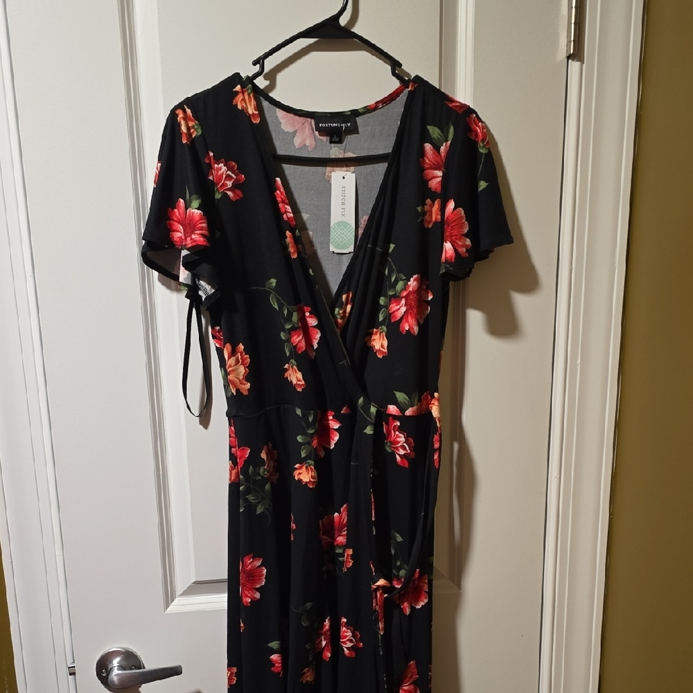 Monteau Black Maxi Dress with Red Floral Design